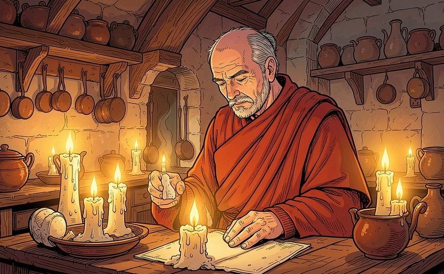 Brother Lawrence at work among candles in a monastery kitchen