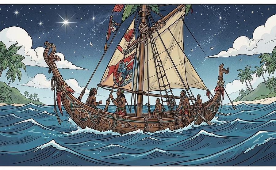 Polynesian voyaging canoe under the stars